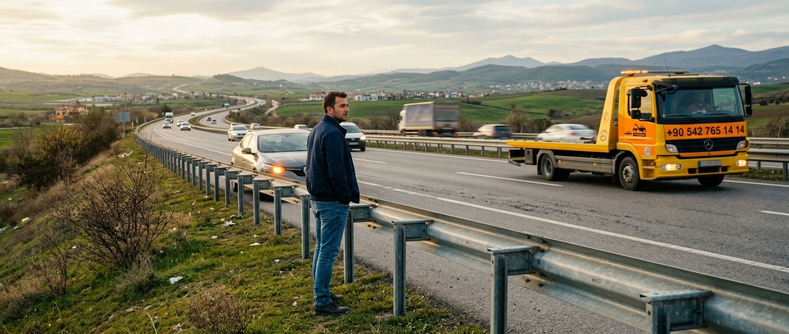 Otoyol bariyeri kenarında güvenli noktada bekleyen sürücü ve yaklaşan çekici