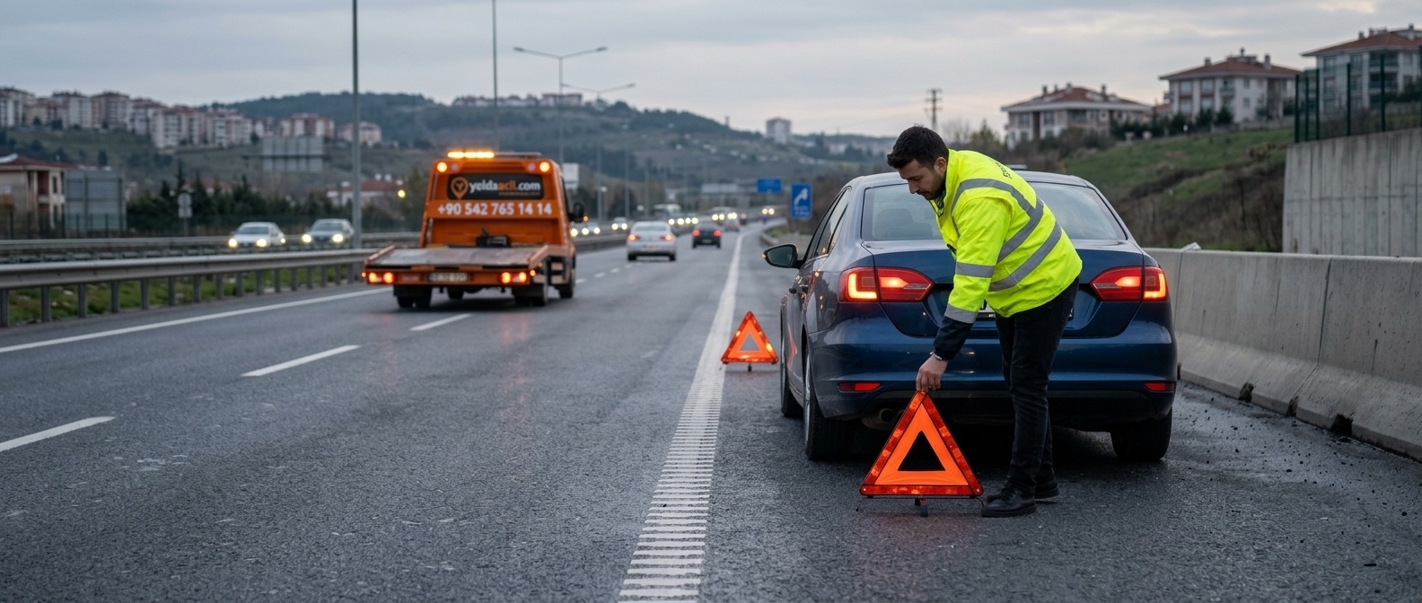 Yolda kalan aracın arkasına reflektör üçgeni yerleştiren yelekli görevli