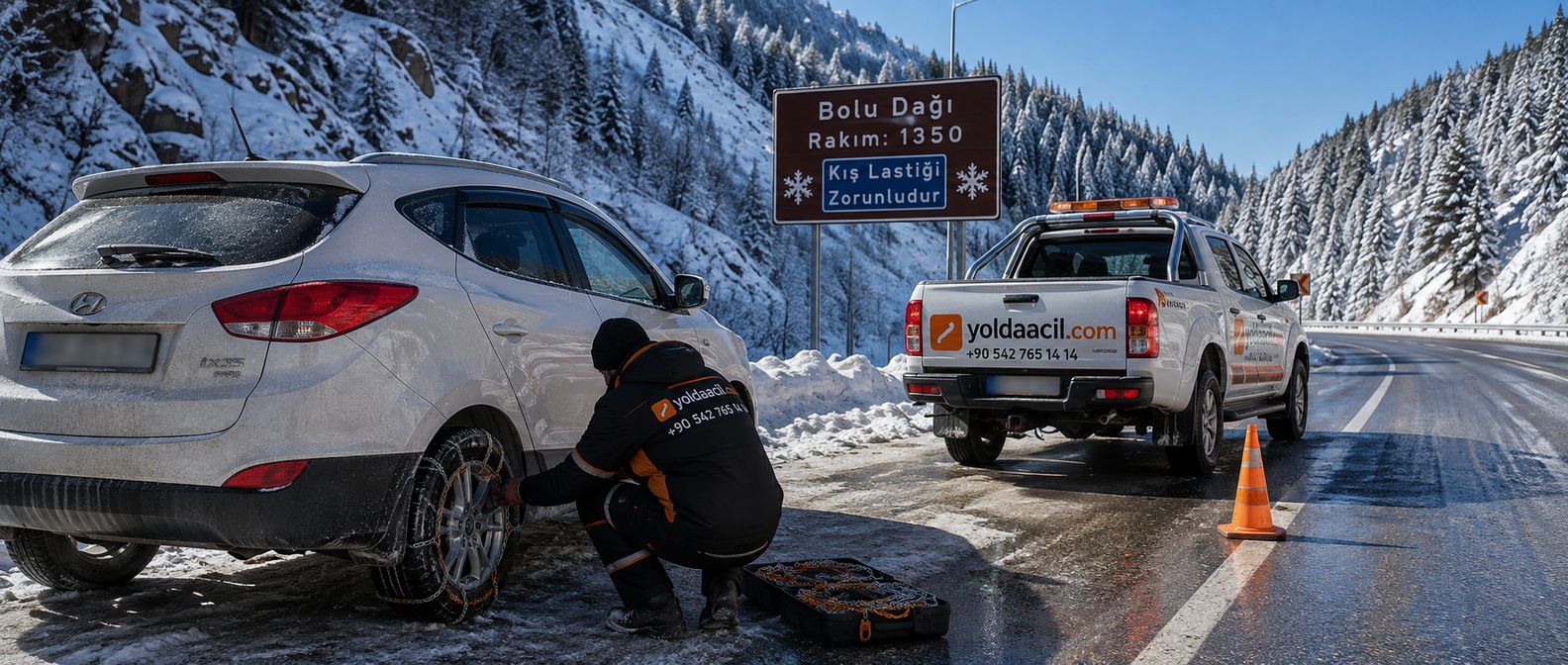 Bolu Dağı rakım 1350 tabelası önünde araca kar zinciri takan yoldaacil.com ekibi