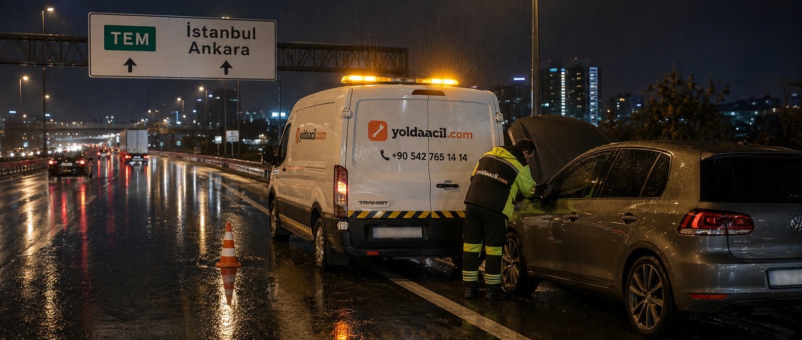 TEM otoyolunda gece arıza yapan araca müdahale eden yoldaacil.com ekibi