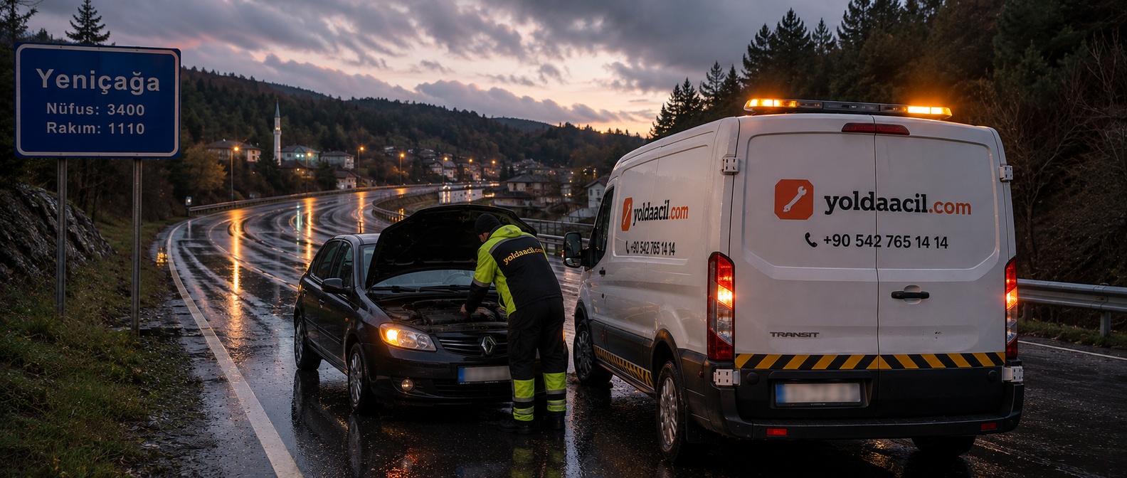 Yeniçağa girişinde yolda kalan araca yardım eden yoldaacil.com servis aracı